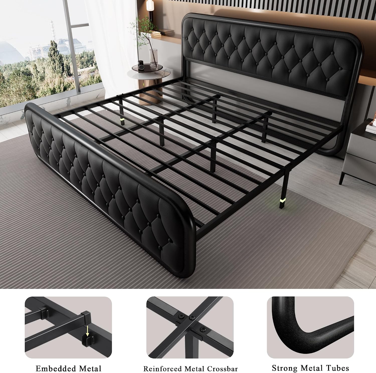 Black metal bed frame with a tufted headboard and footboard, shown in a modern bedroom setting. Three inset detail images at the bottom highlight the embedded metal, reinforced crossbar, and strong metal tube construction.