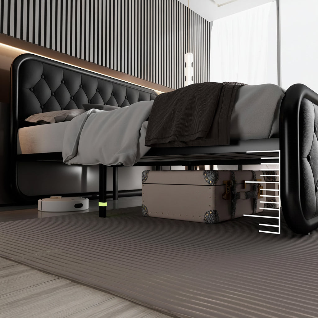 Bed with underbed storage space labeled '12⁄⁄' in a modern bedroom setting.