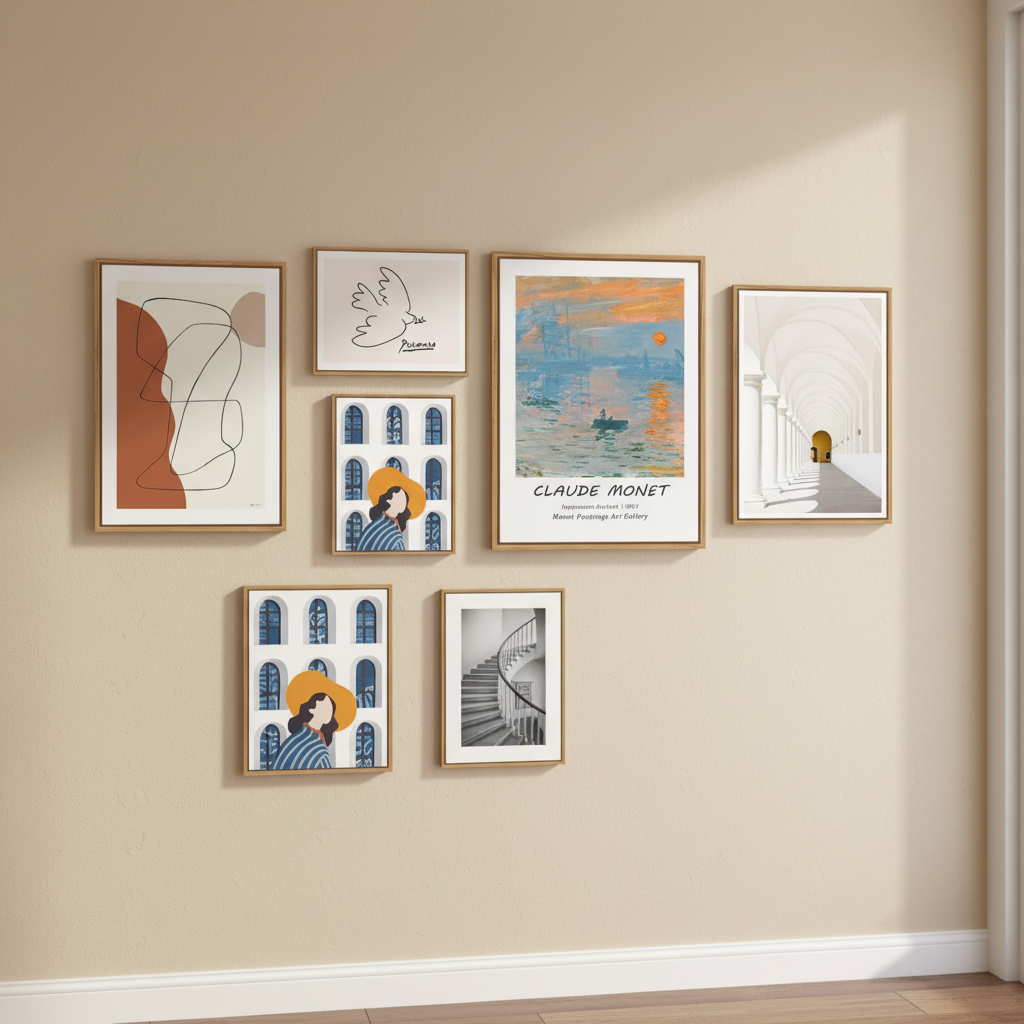 A gallery wall display of seven framed abstract and architectural art prints on a beige wall, with sunlight casting soft shadows.