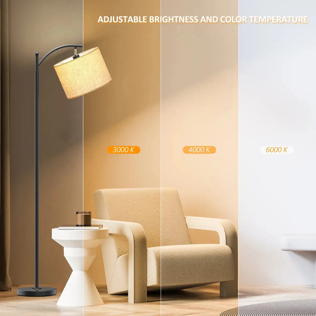 Floor lamp with adjustable brightness and color temperature shown in a room setting.