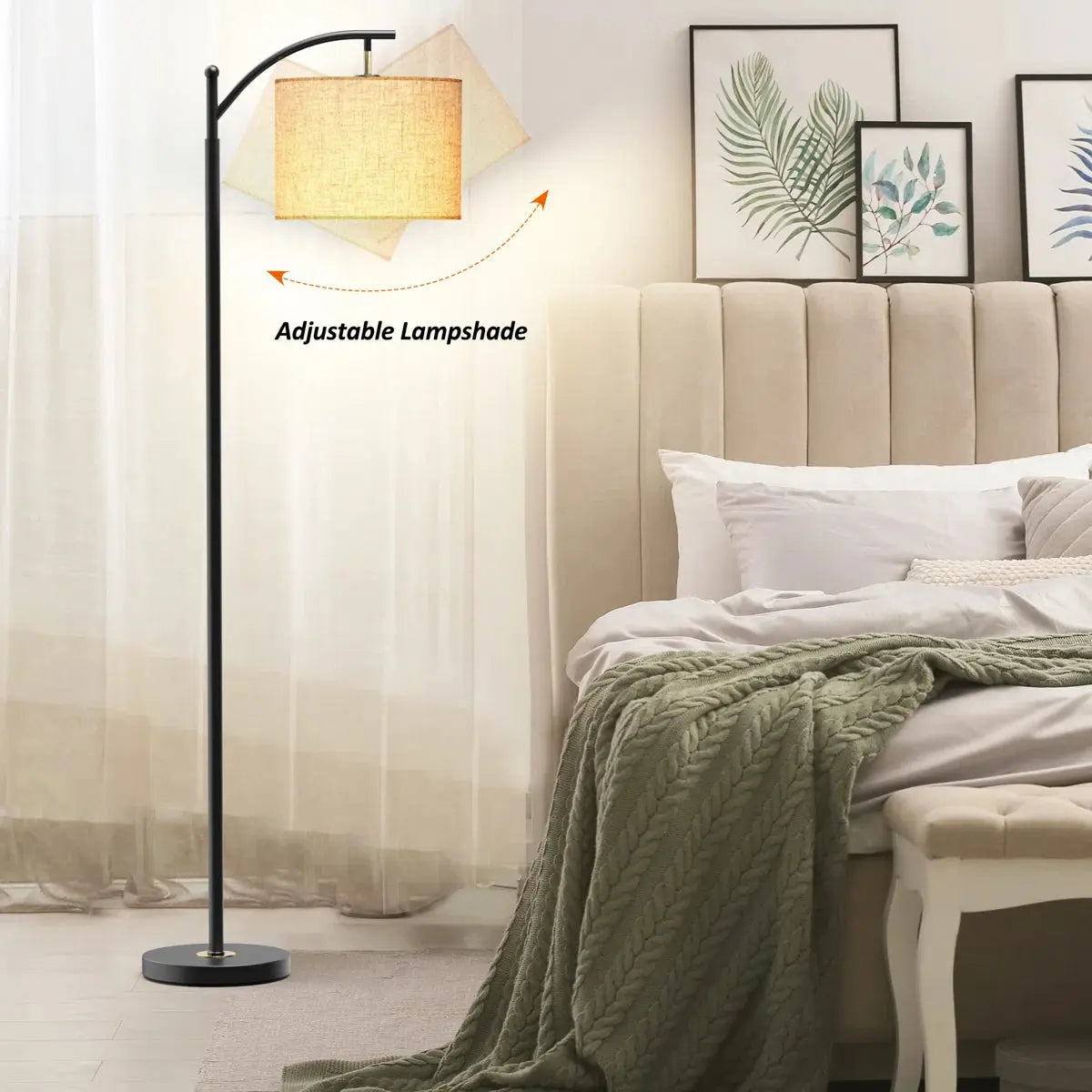 Floor lamp with adjustable lampshade in a bedroom setting