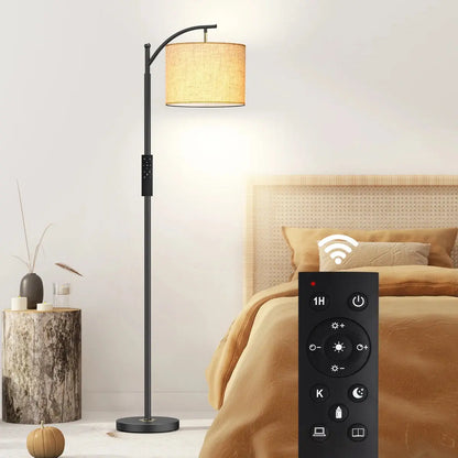 Floor lamp with remote control in a bedroom setting