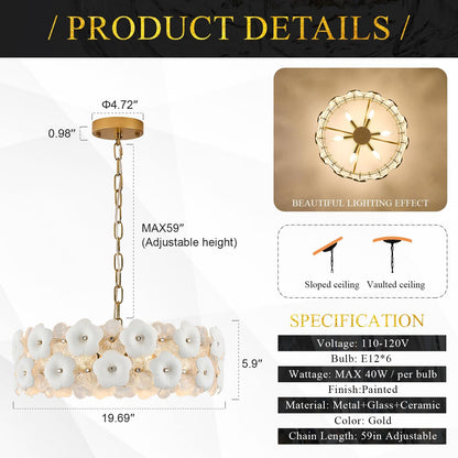 Chandelier with specifications and features on a white background