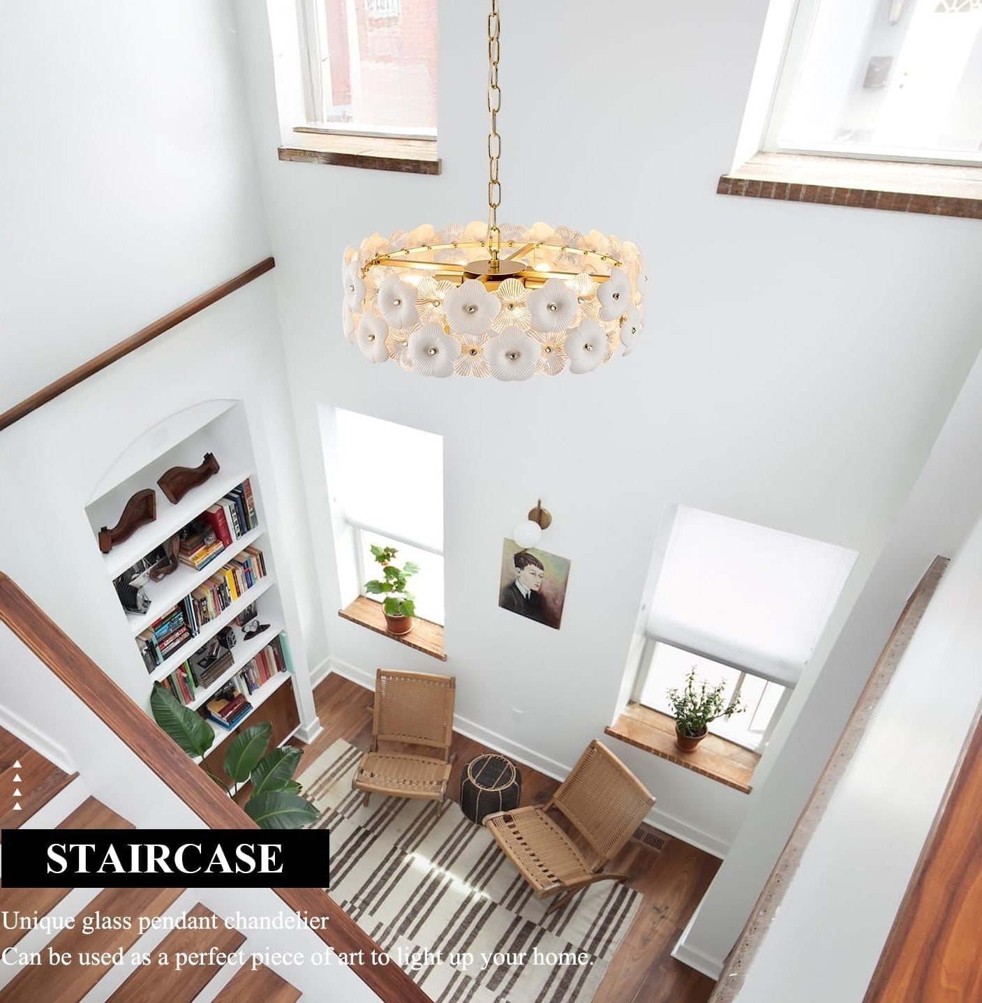 Staircase with a modern chandelier in a home interior
