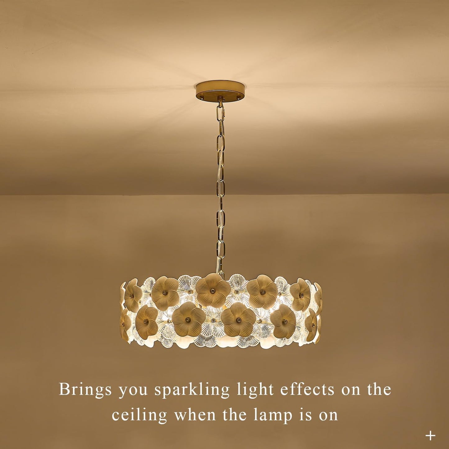 Decorative ceiling light fixture with floral design on a beige background