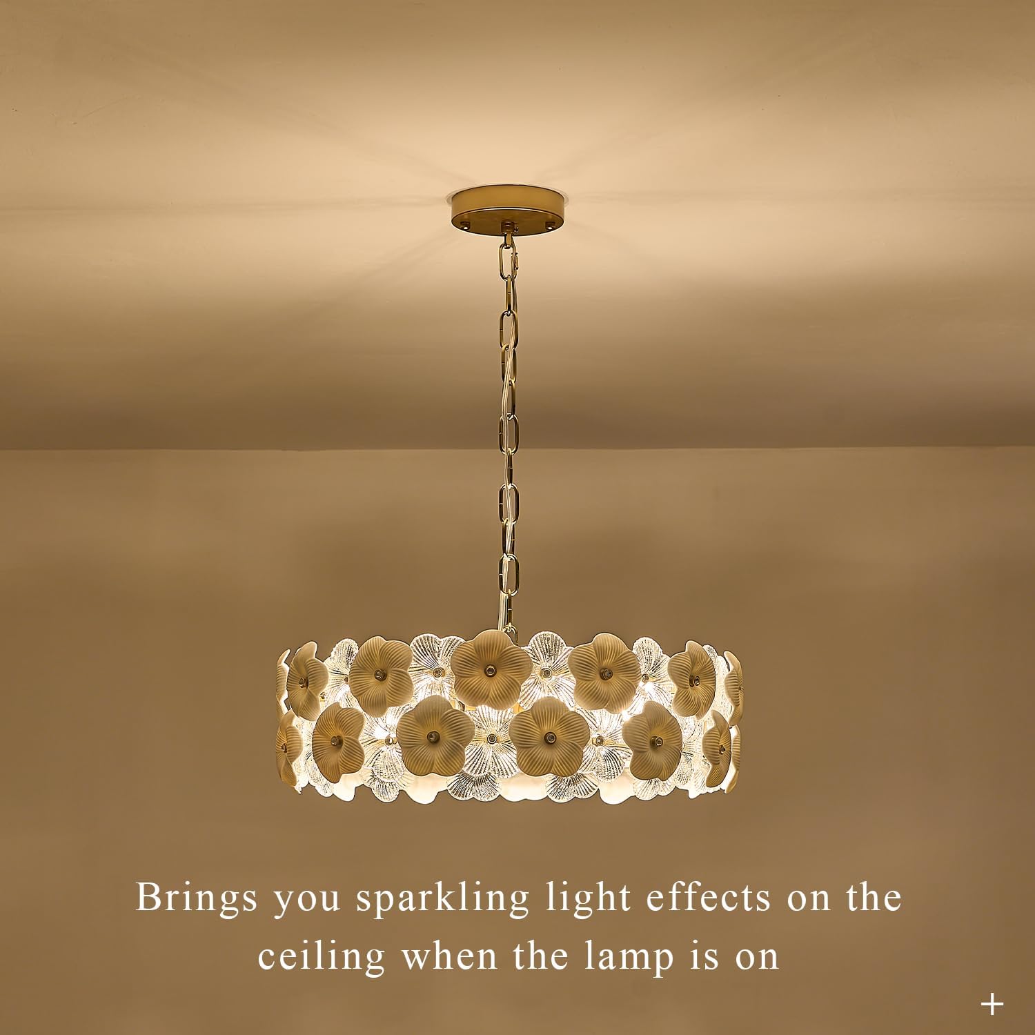 Decorative ceiling light fixture with floral design on a beige background