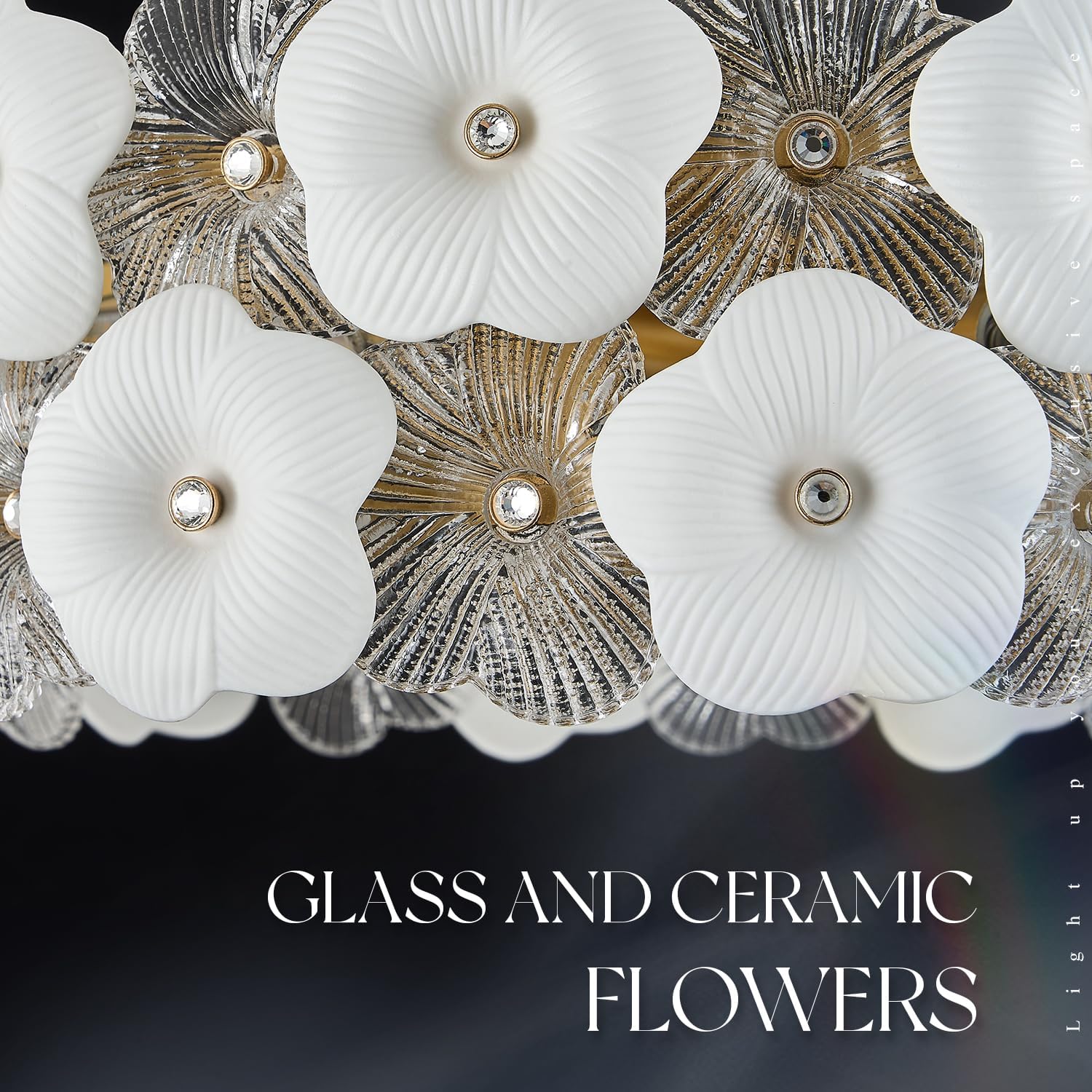 Decorative ceiling light fixture with glass and ceramic flowers on a dark background