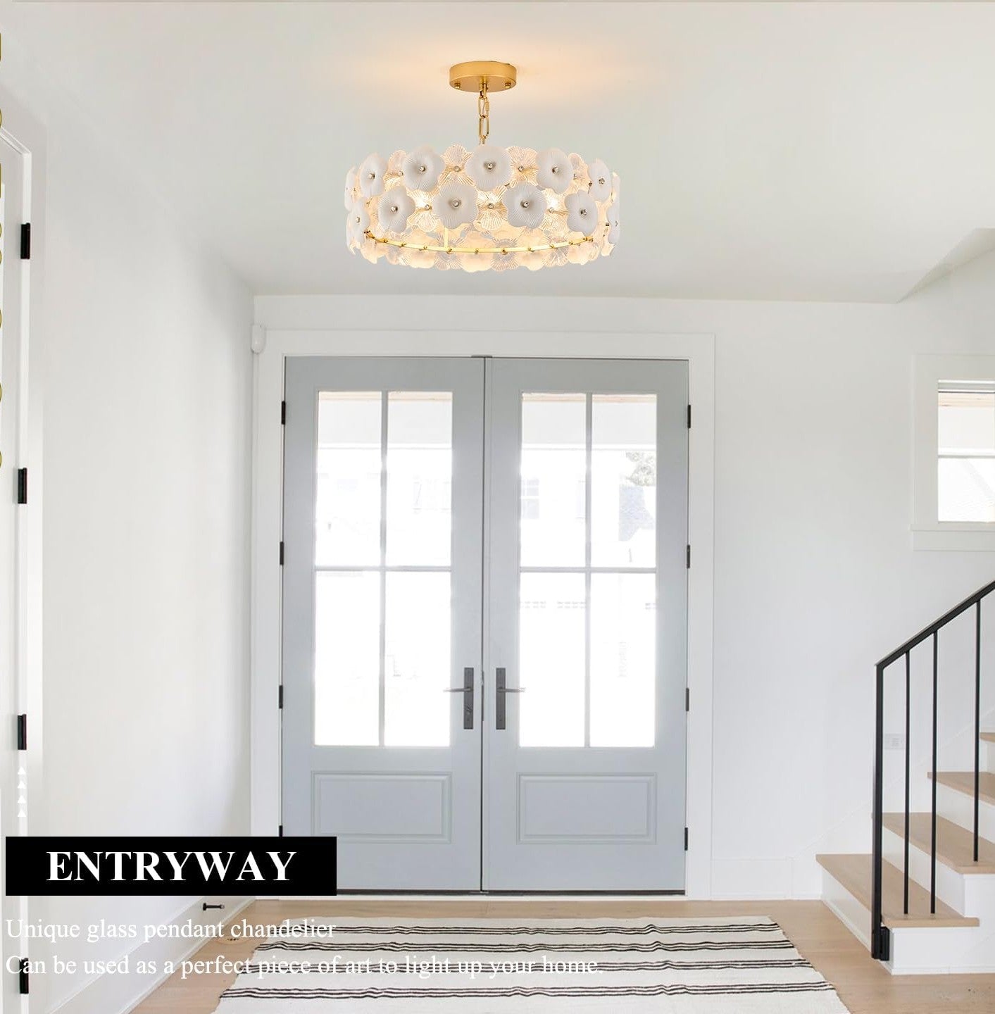 Foyer with double doors and a chandelier, labeled 'ENTRYWAY'.