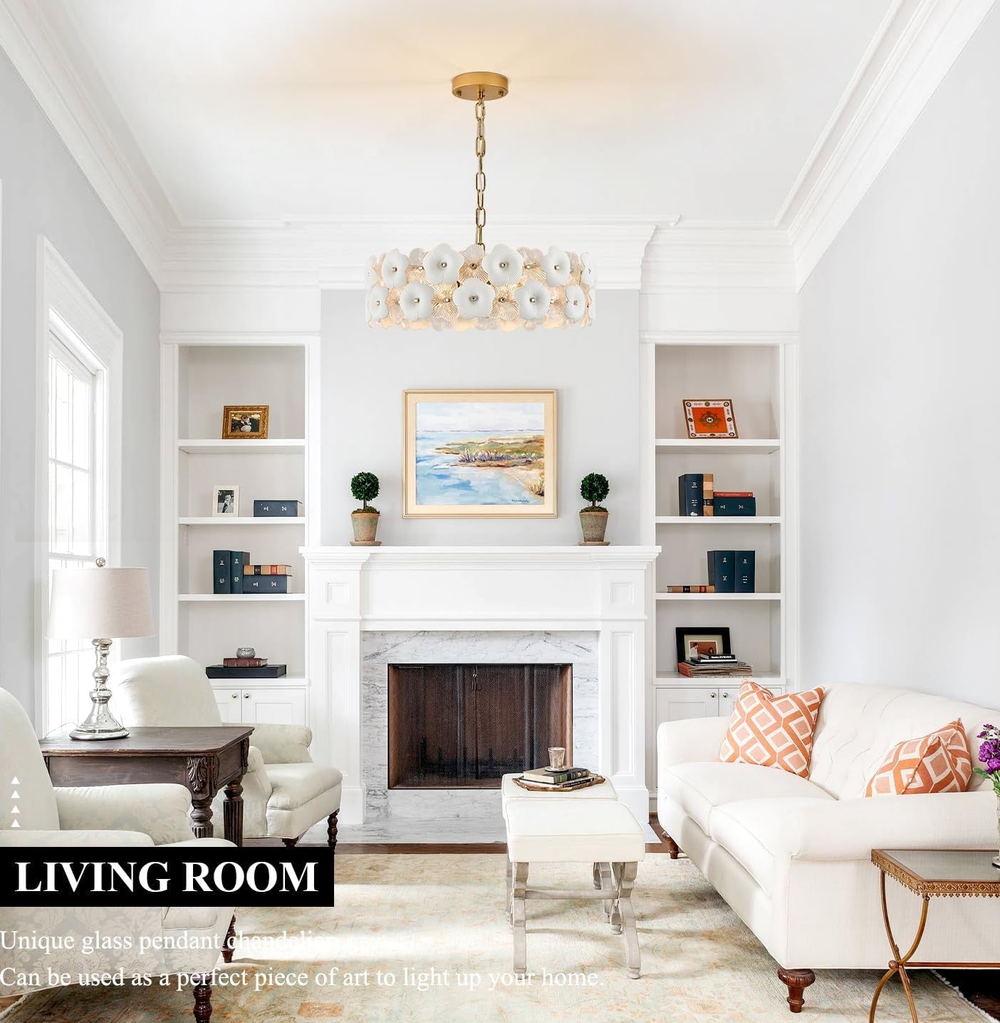 Living room with white walls, fireplace, and decorative elements.