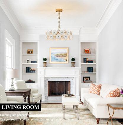 Living room with white walls, fireplace, and decorative elements.