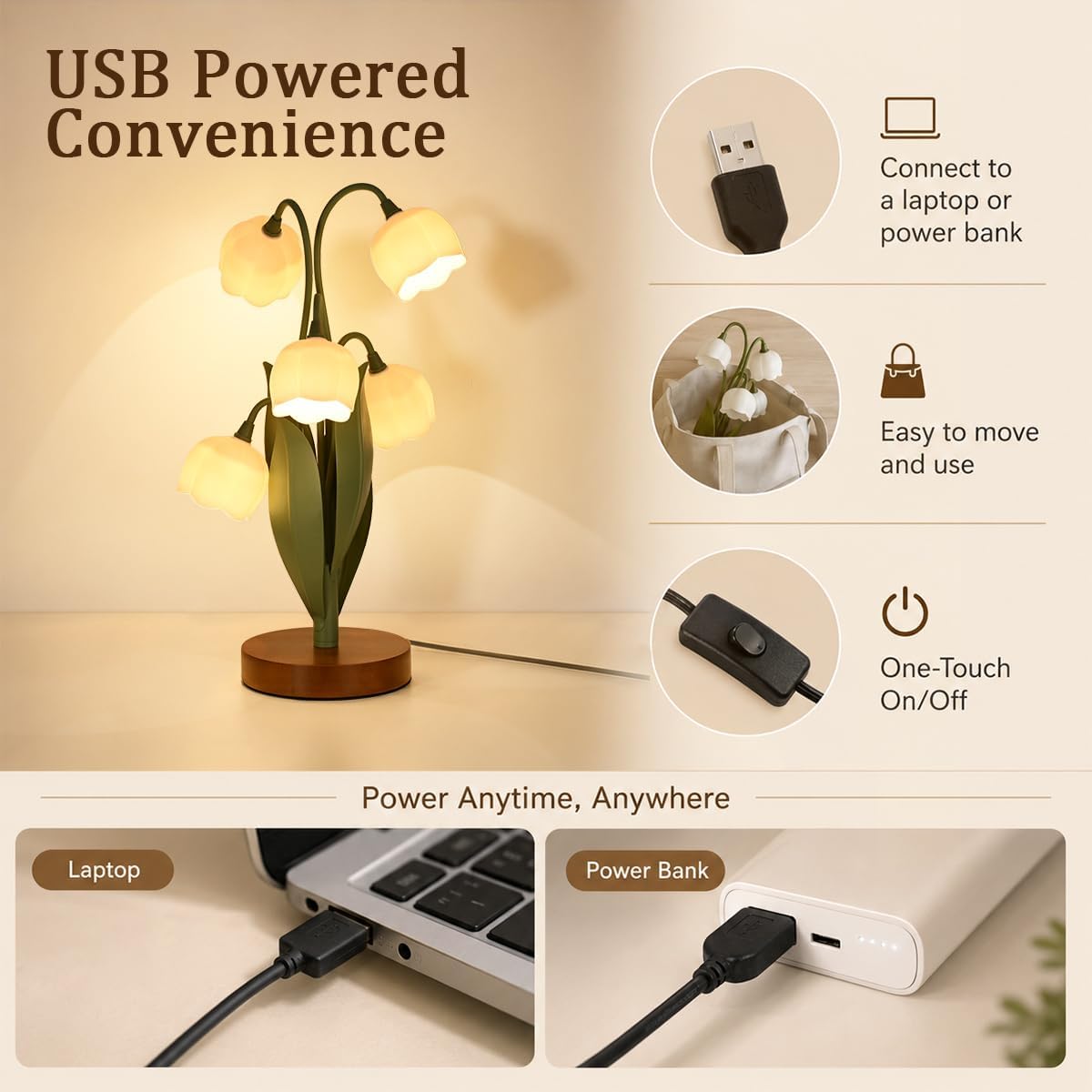 USB-powered lamp with features highlighted on a beige background