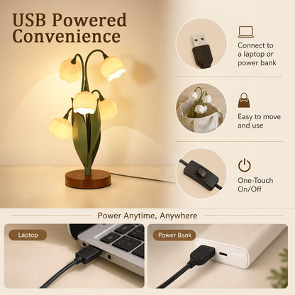 USB-powered lamp with features highlighted on a beige background