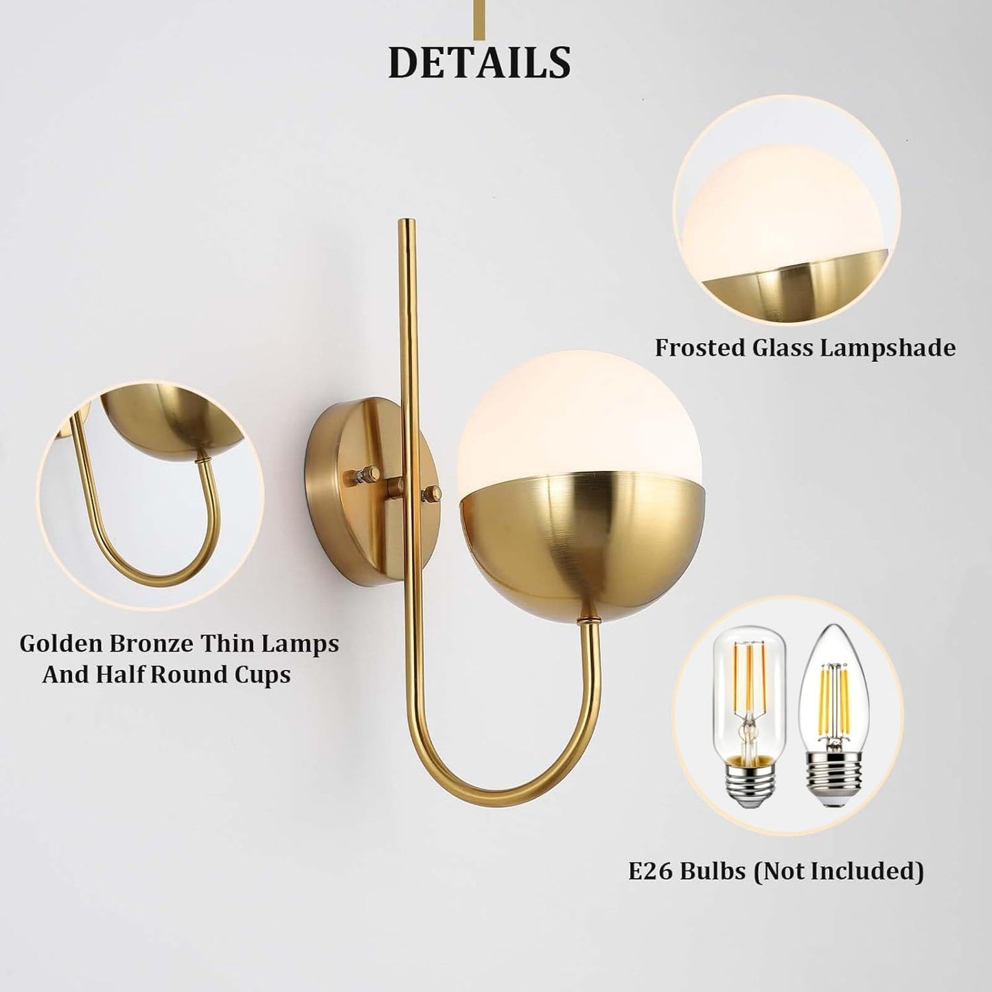 Gold wall sconce with frosted glass lampshade and E26 bulbs on a white background