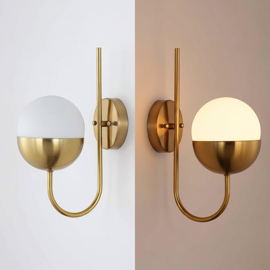 Wall sconce with switch diagram showing 'Off' and 'On' positions on a white and beige background.