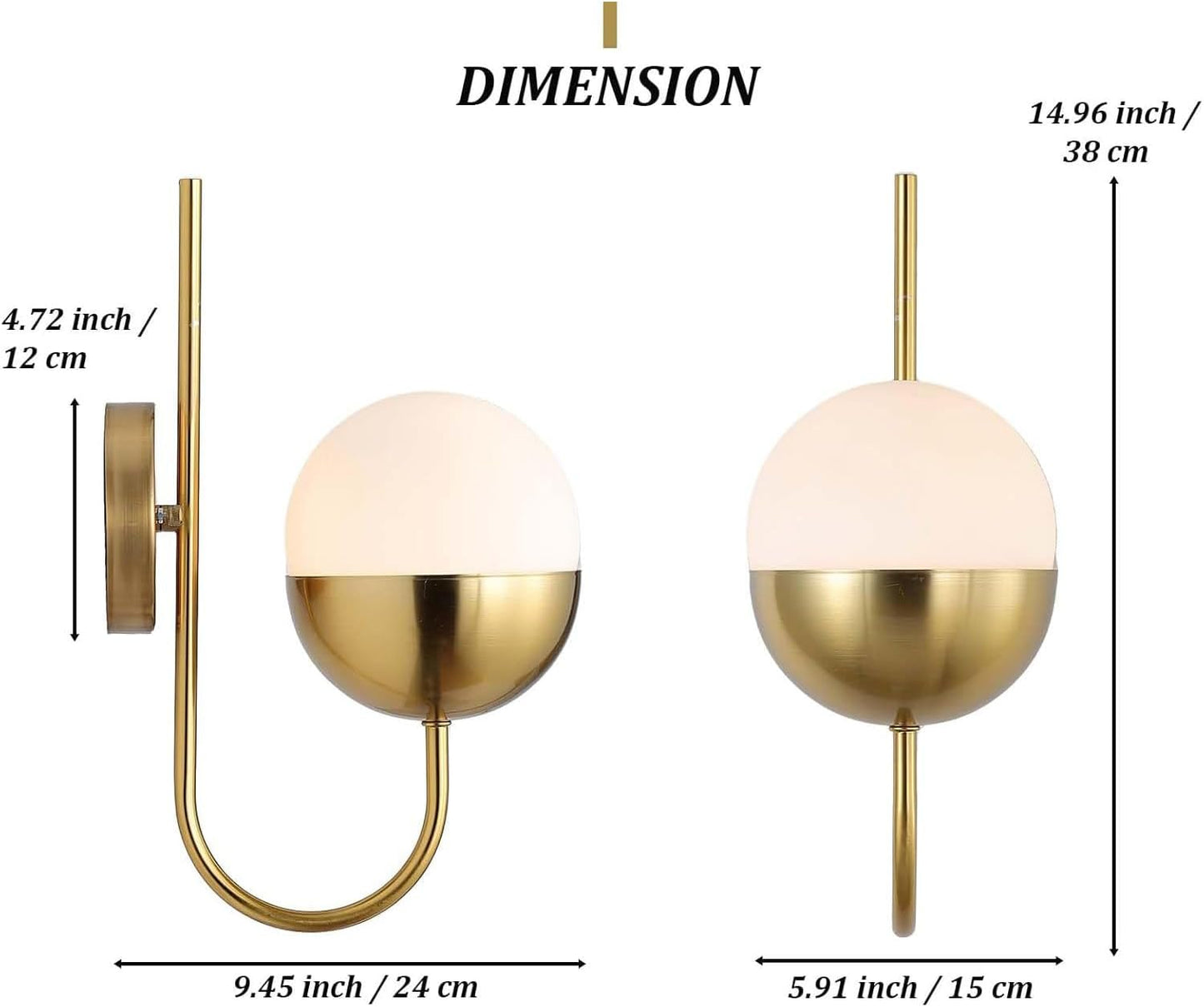 Gold wall sconces with dimensions displayed on a white background
