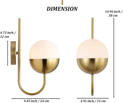 Gold wall sconces with dimensions displayed on a white background