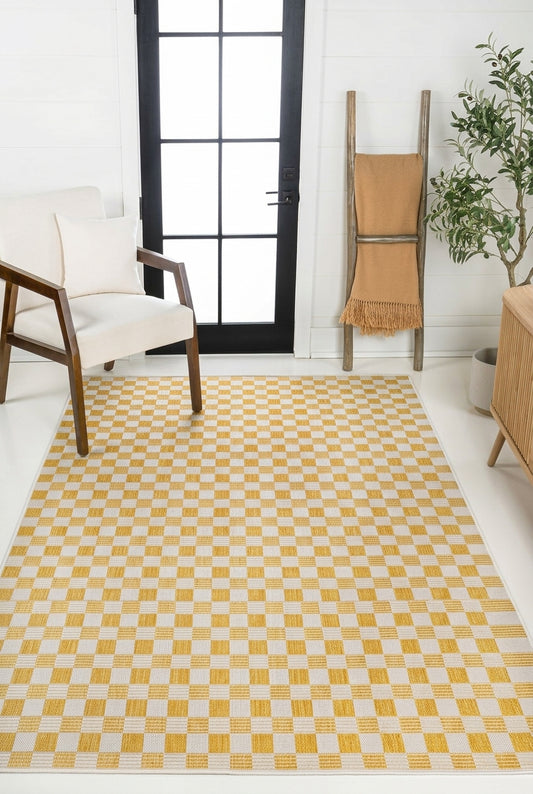 5x8 Yellow and White Checkered Area Rug - Indoor Outdoor Flat Weave Rug