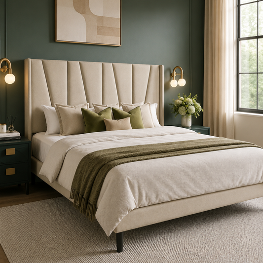 A styled bedroom featuring a cream tufted bed frame with white bedding, olive green pillows and throw, set against a dark green paneled wall with matching wall art and bedside lamps.