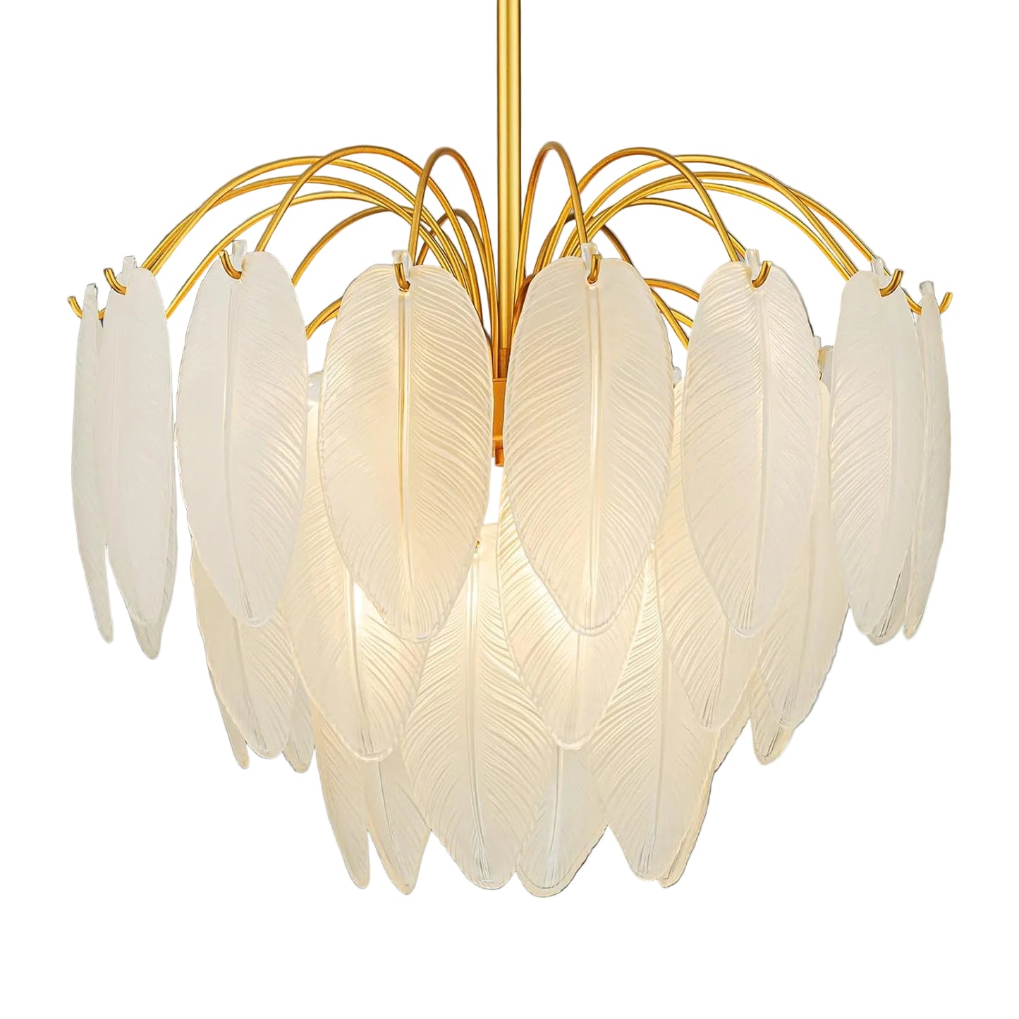 Chandelier with feather-like glass shades in a room with a plant and window.