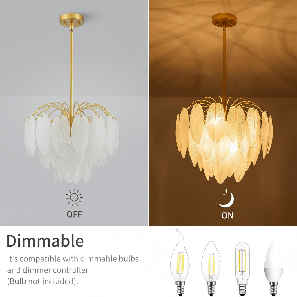 Chandelier with dimmable feature shown in 'Off' and 'On' states, compatible with dimmable bulbs.