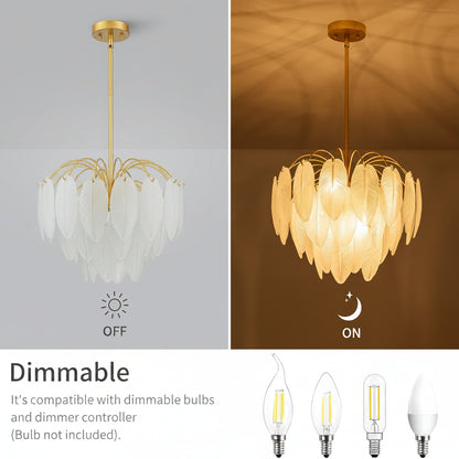 Chandelier with dimmable feature shown in 'Off' and 'On' states, compatible with dimmable bulbs.