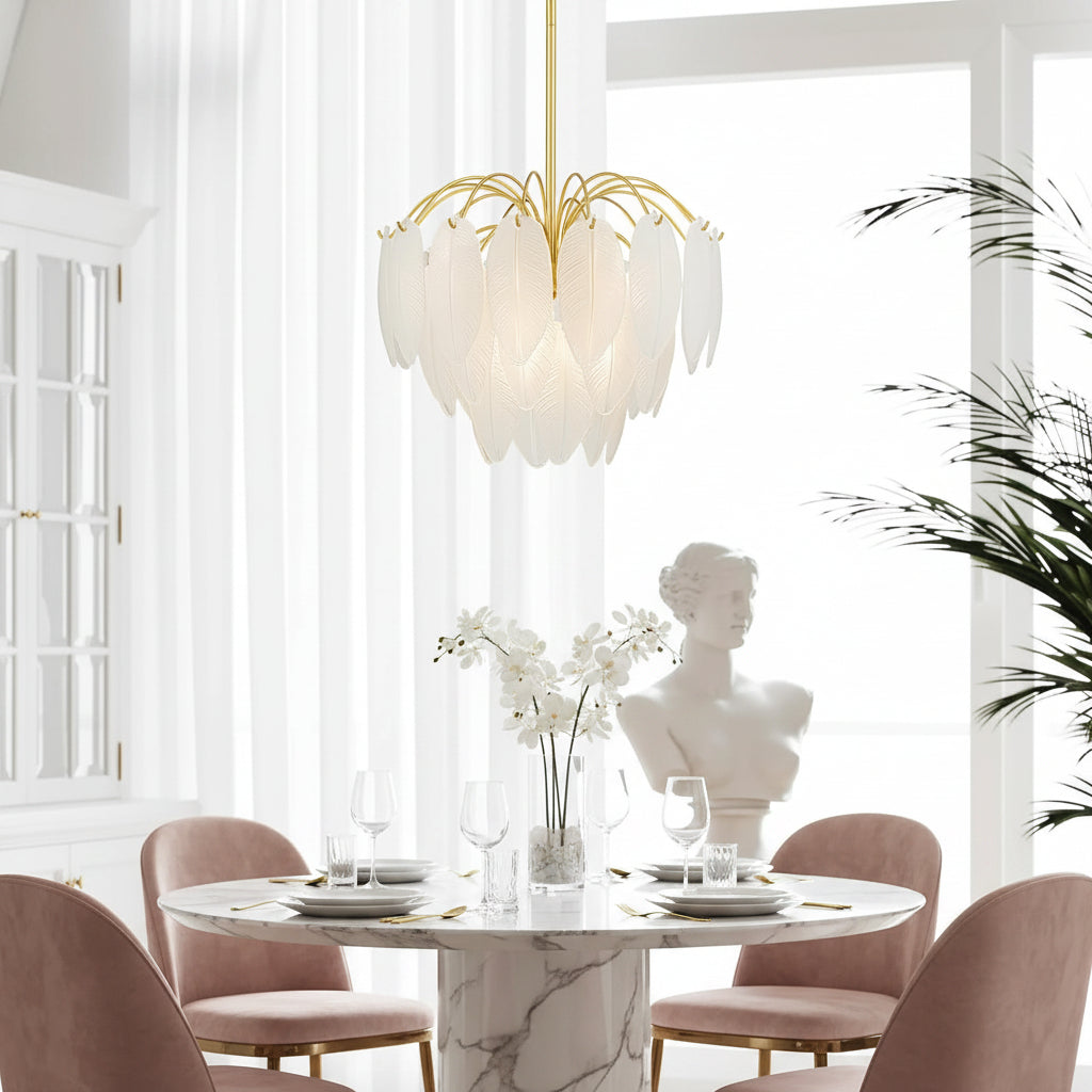 Dining room with a chandelier, table, chairs, and decorative elements.