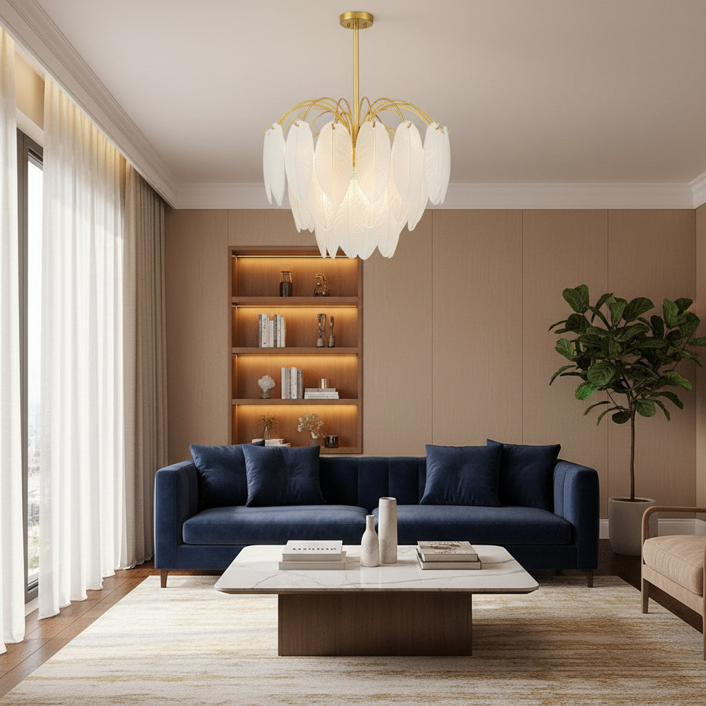Modern living room with a chandelier, sofa, and coffee table.