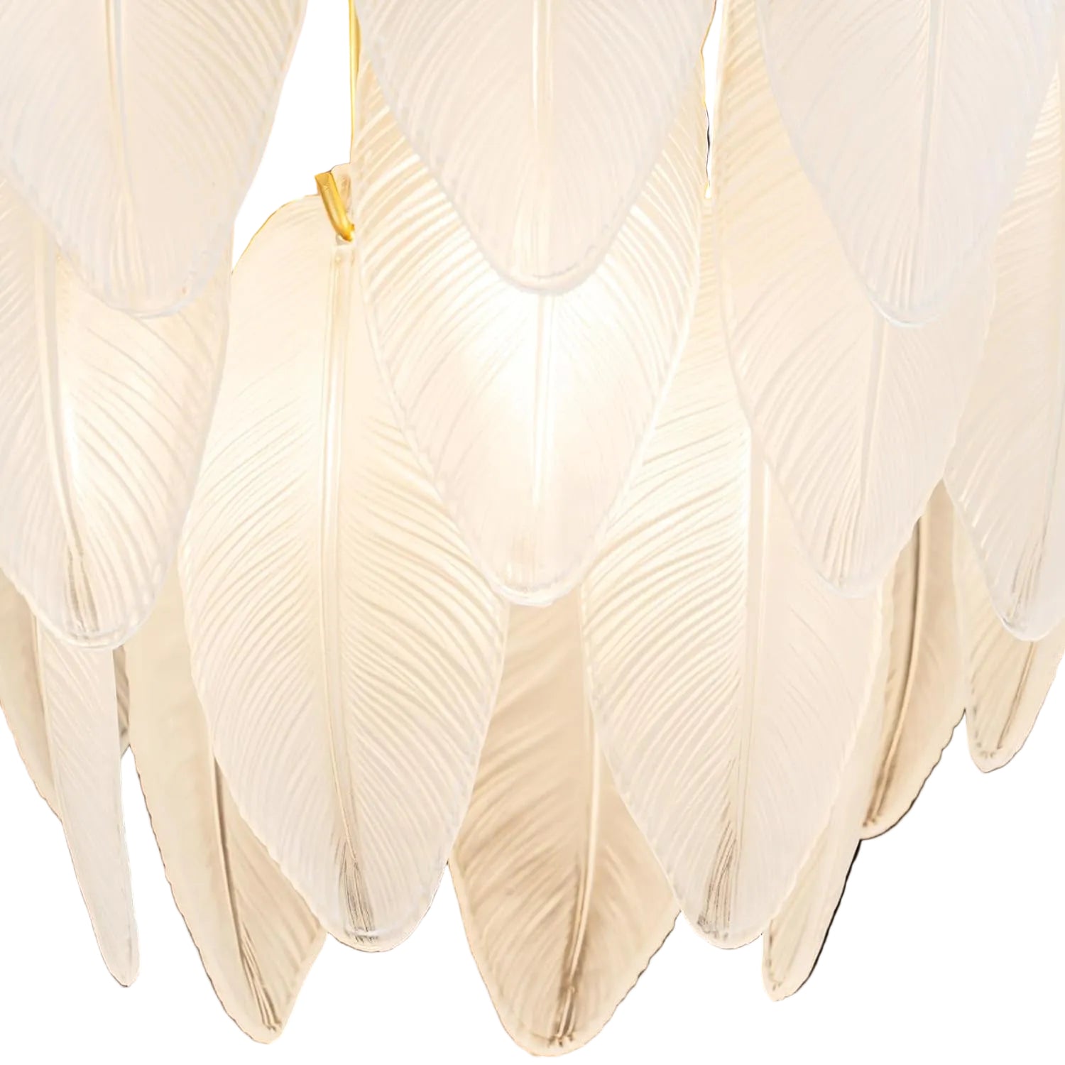 Close-up of a chandelier with white leaf-like lampshades on a black background