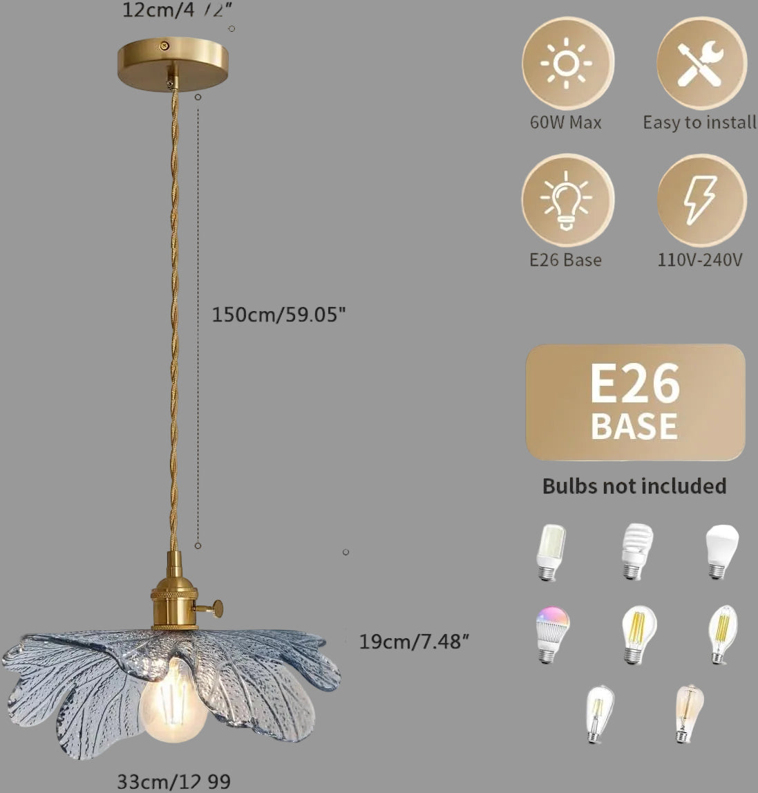 Pendant light fixture with measurements and bulb compatibility information on a white background