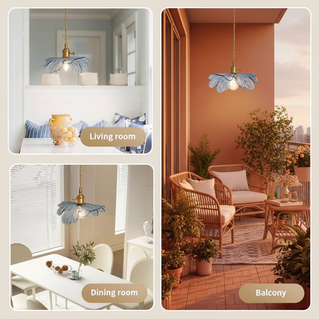 Collage of a decorative pendant light in different rooms: living room, dining room, and balcony.