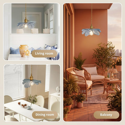 Collage of a decorative pendant light in different rooms: living room, dining room, and balcony.