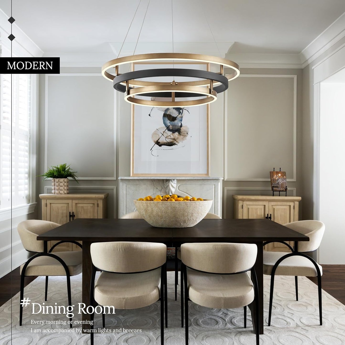 Modern dining room with a black table and white chairs, featuring a stylish chandelier.