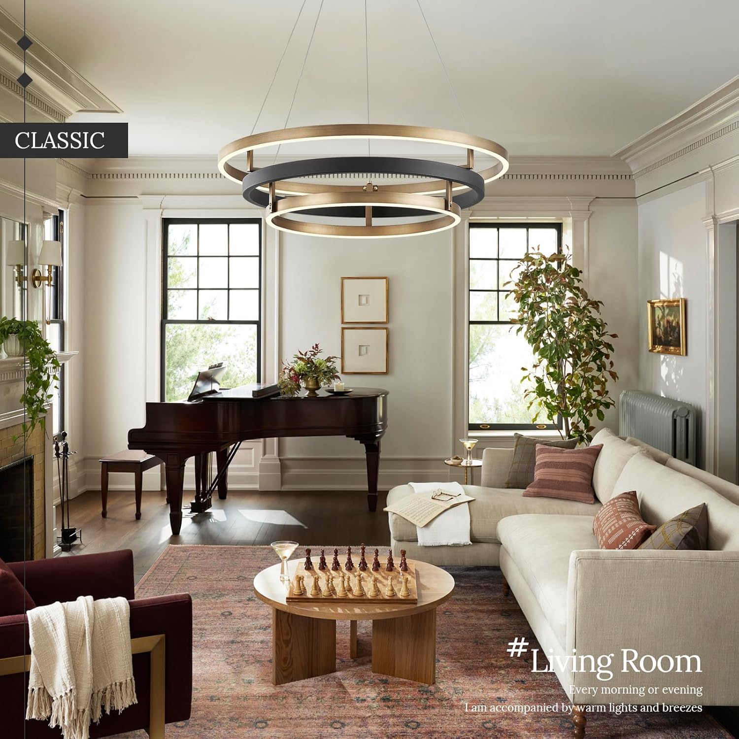Living room with a grand piano, sofa, and decorative elements.