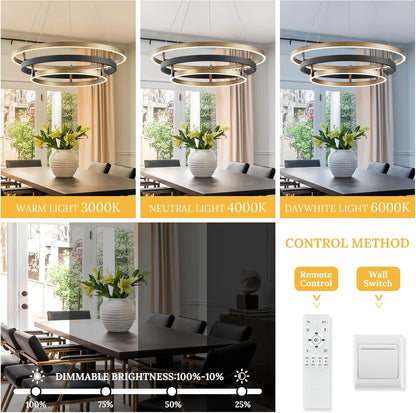 Collage of a modern chandelier in a dining room with light color temperature and control method options.