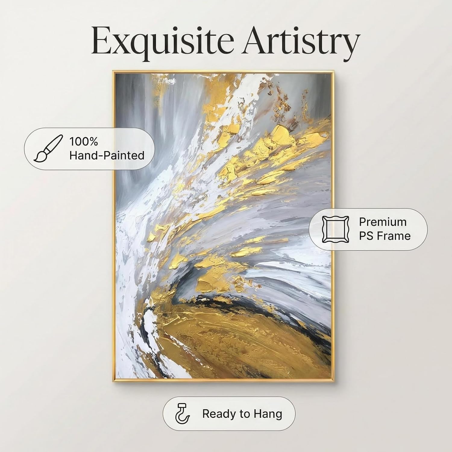 Abstract art painting with gold and gray colors on a white background, labeled as hand-painted and ready to hang.