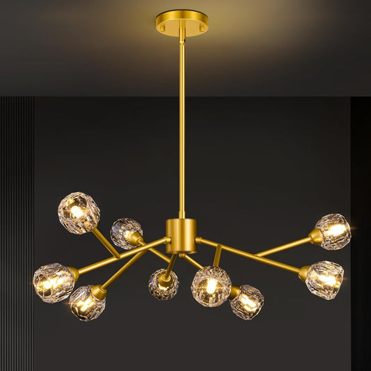Gold chandelier with multiple lights on a dark background