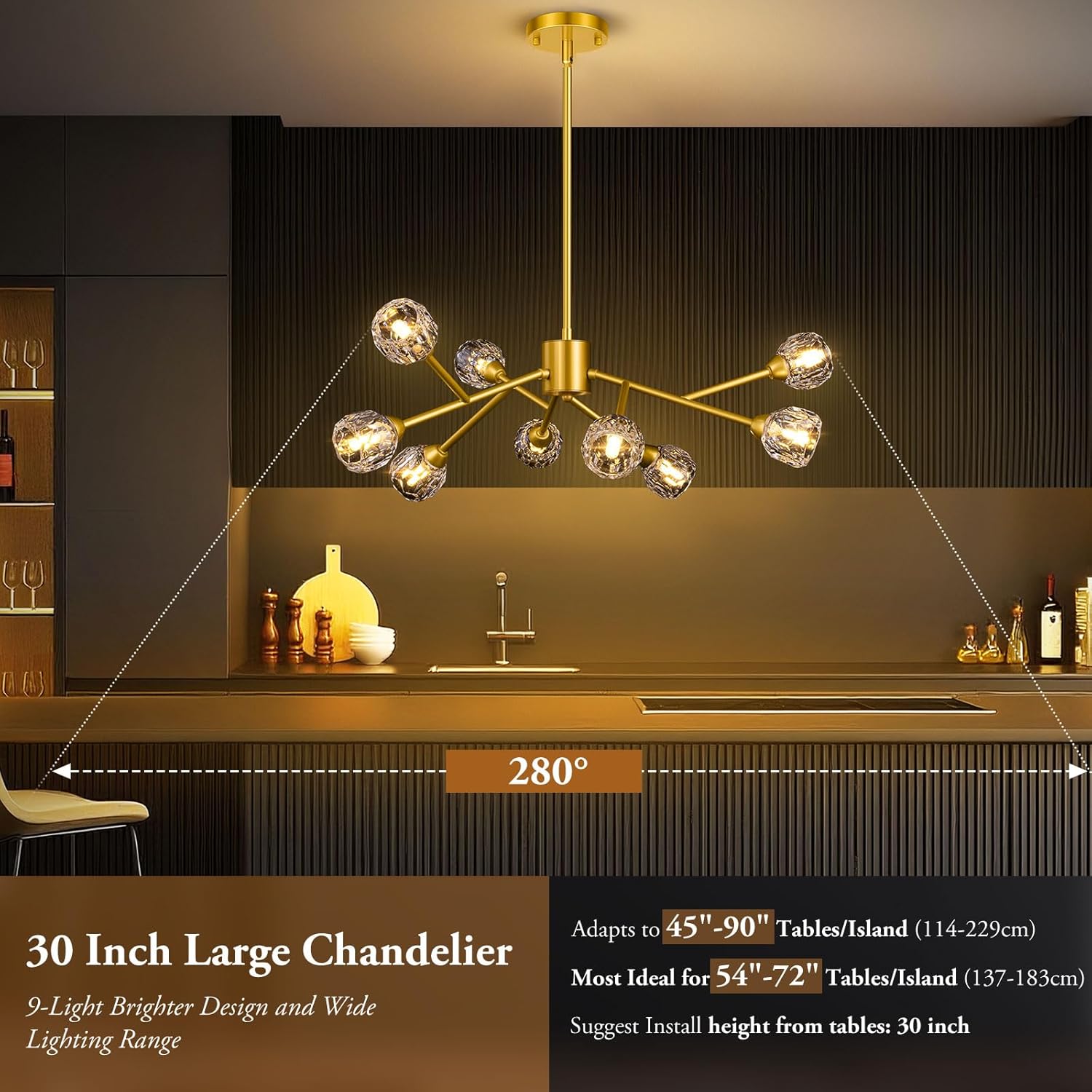 Gold chandelier hanging above a kitchen counter with text on dimensions and installation.