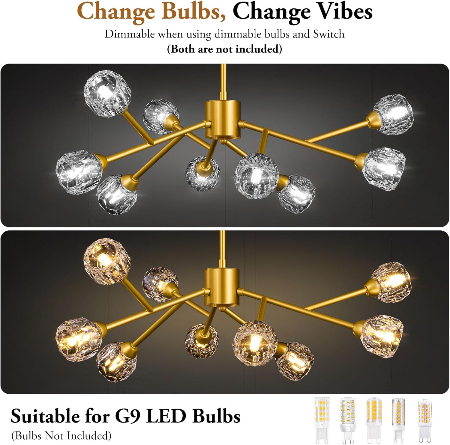Gold chandelier with crystal-like glass shades on a black background, featuring text about bulb compatibility.