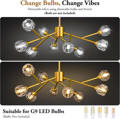 Gold chandelier with crystal-like glass shades on a black background, featuring text about bulb compatibility.
