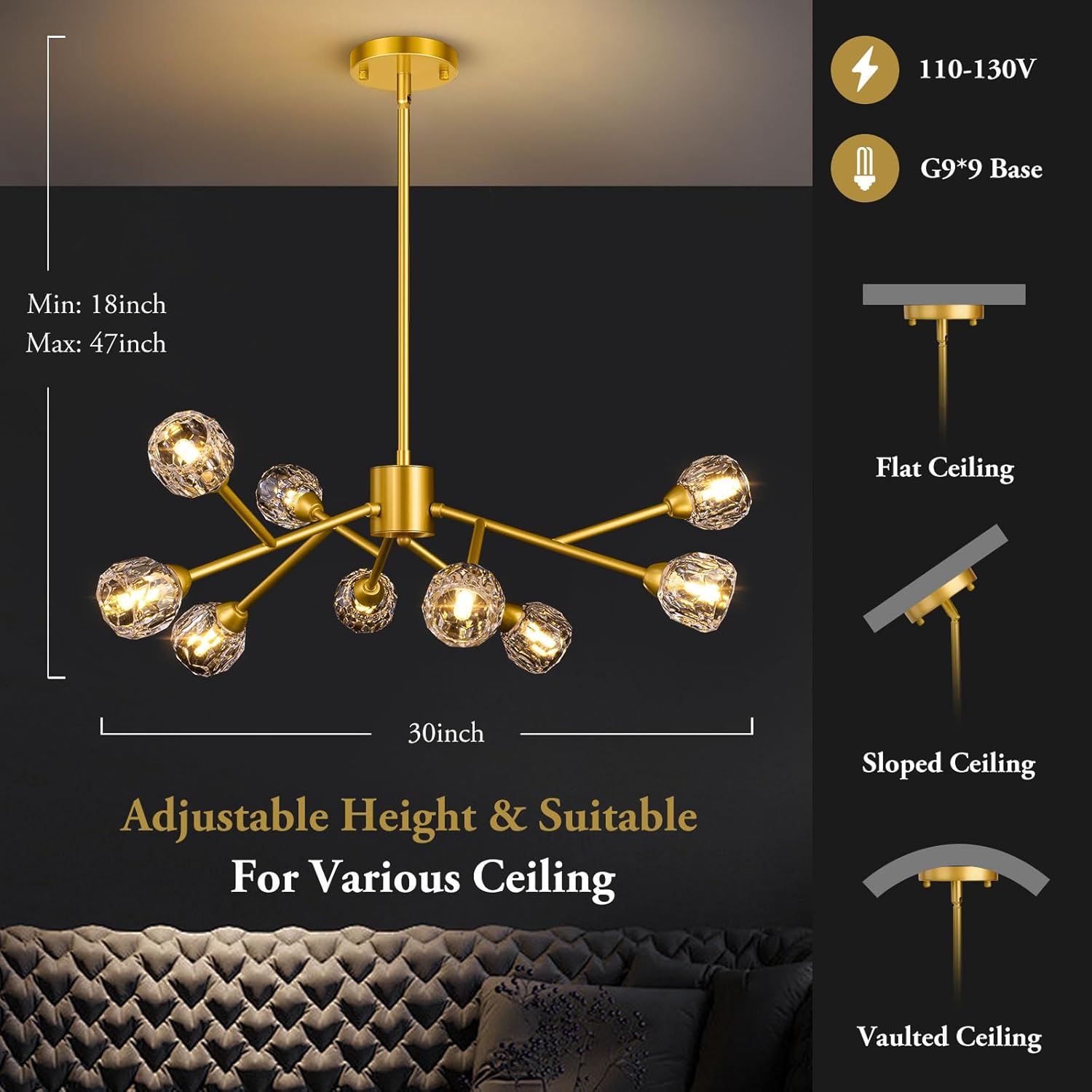 Gold chandelier with adjustable height features on a dark background