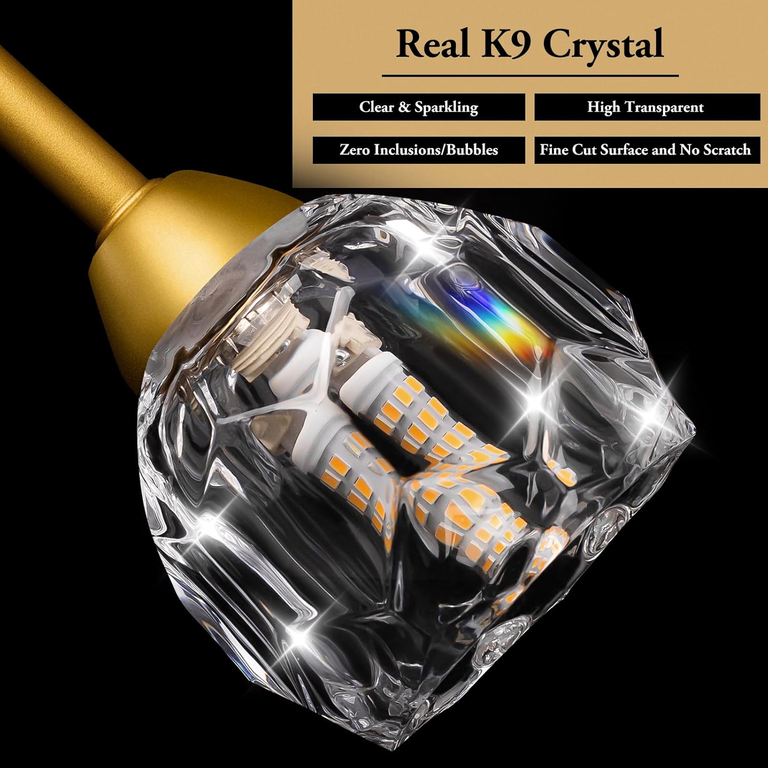 Diamond-shaped LED light bulb with gold base on a black background, featuring text about K9 crystal quality.