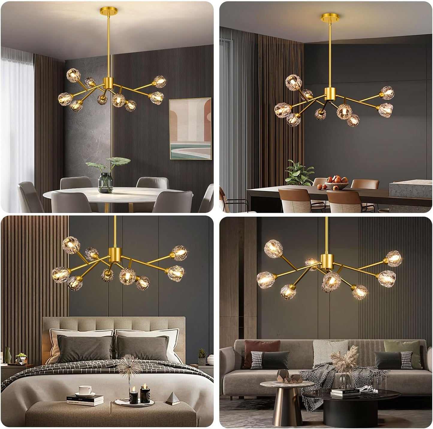 Gold chandelier in various room settings including a dining area, bedroom, and living room.