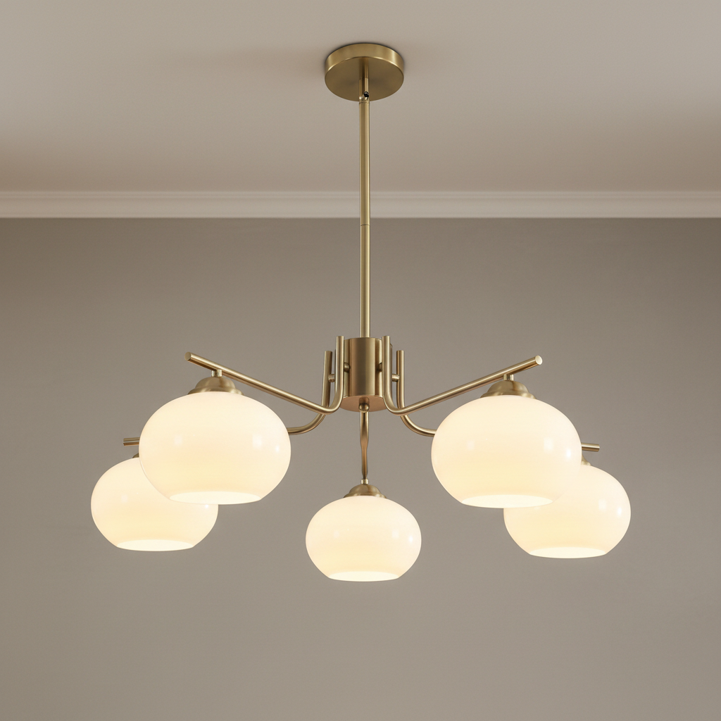 Modern chandelier with glass shades in a room setting