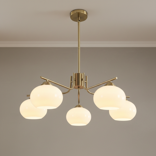 Modern chandelier with glass shades in a room setting