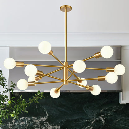 Gold chandelier with white bulbs hanging above a dark surface.