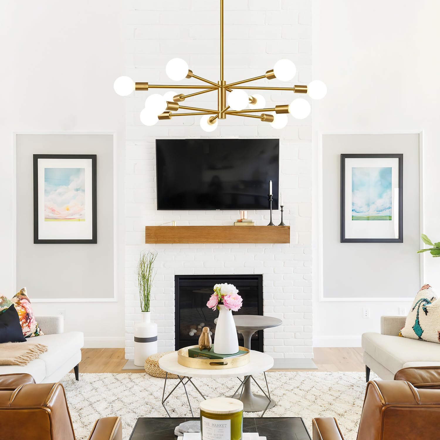 Modern living room with a chandelier, TV, and decorative elements.