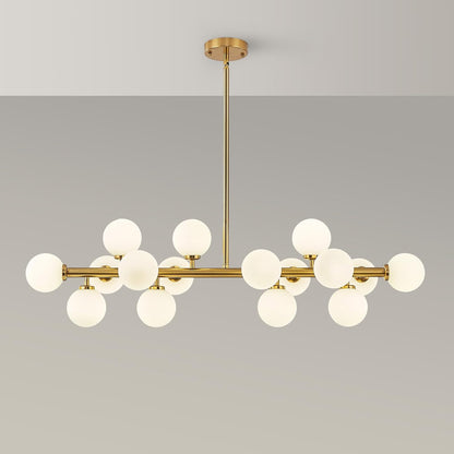 Modern chandelier with gold frame and white glass bulbs on a gray background