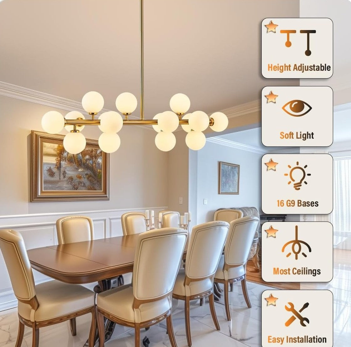 Dining room with a modern chandelier, table, and chairs, featuring height adjustable, soft light, and easy installation features.