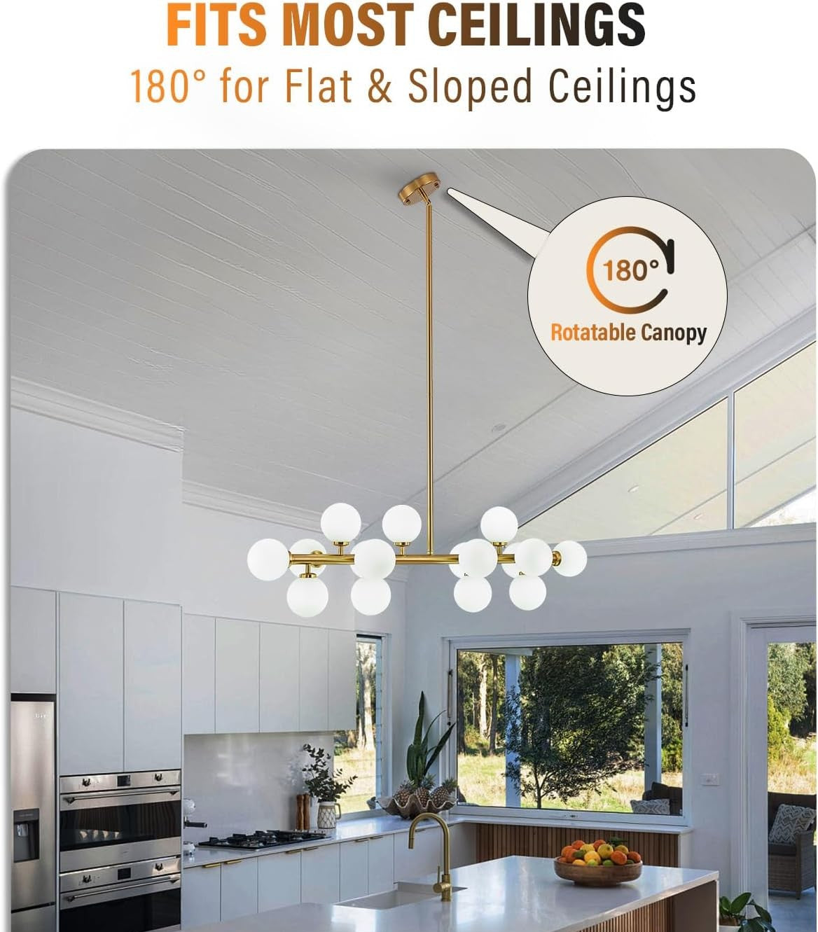 Modern kitchen with a chandelier and text about a rotatable canopy light fixture.