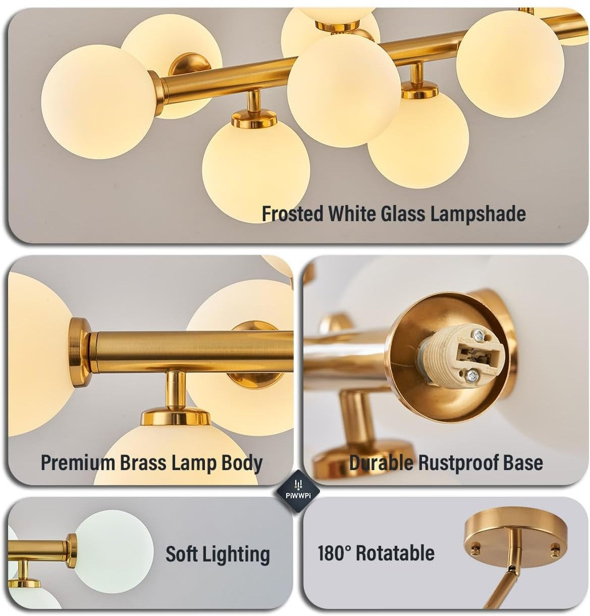 Ceiling light fixture with frosted white glass lampshades, gold finish, and labeled features on a gray background.